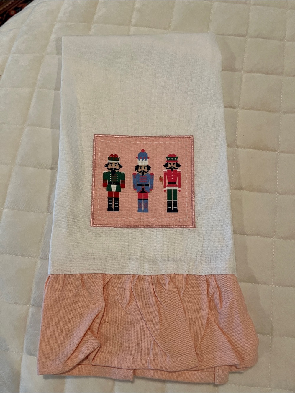 Source Unknown White Kitchen Towel with Pink Nutcracker Patch and Pink Ruffle